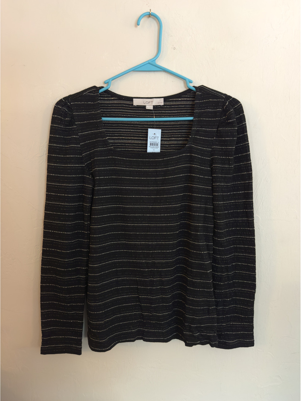 LOFT Petite M Black Long Sleeve Metallic Stripe Shirt NWT